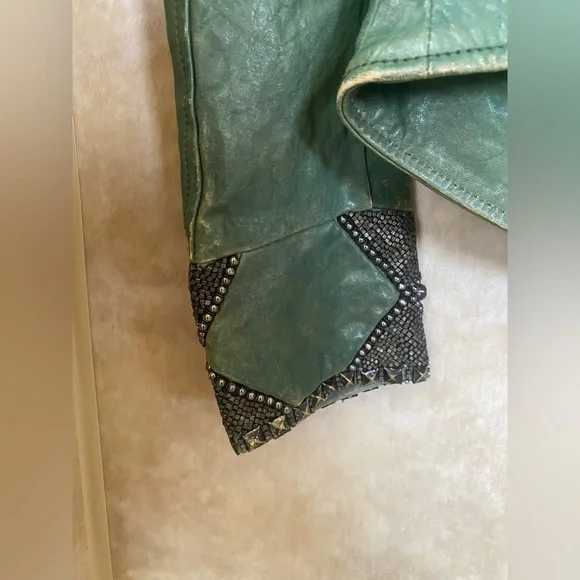 Diesel Distressed Dark Green Leather Premise Beaded Moto Jacket - Picture 10 of 14